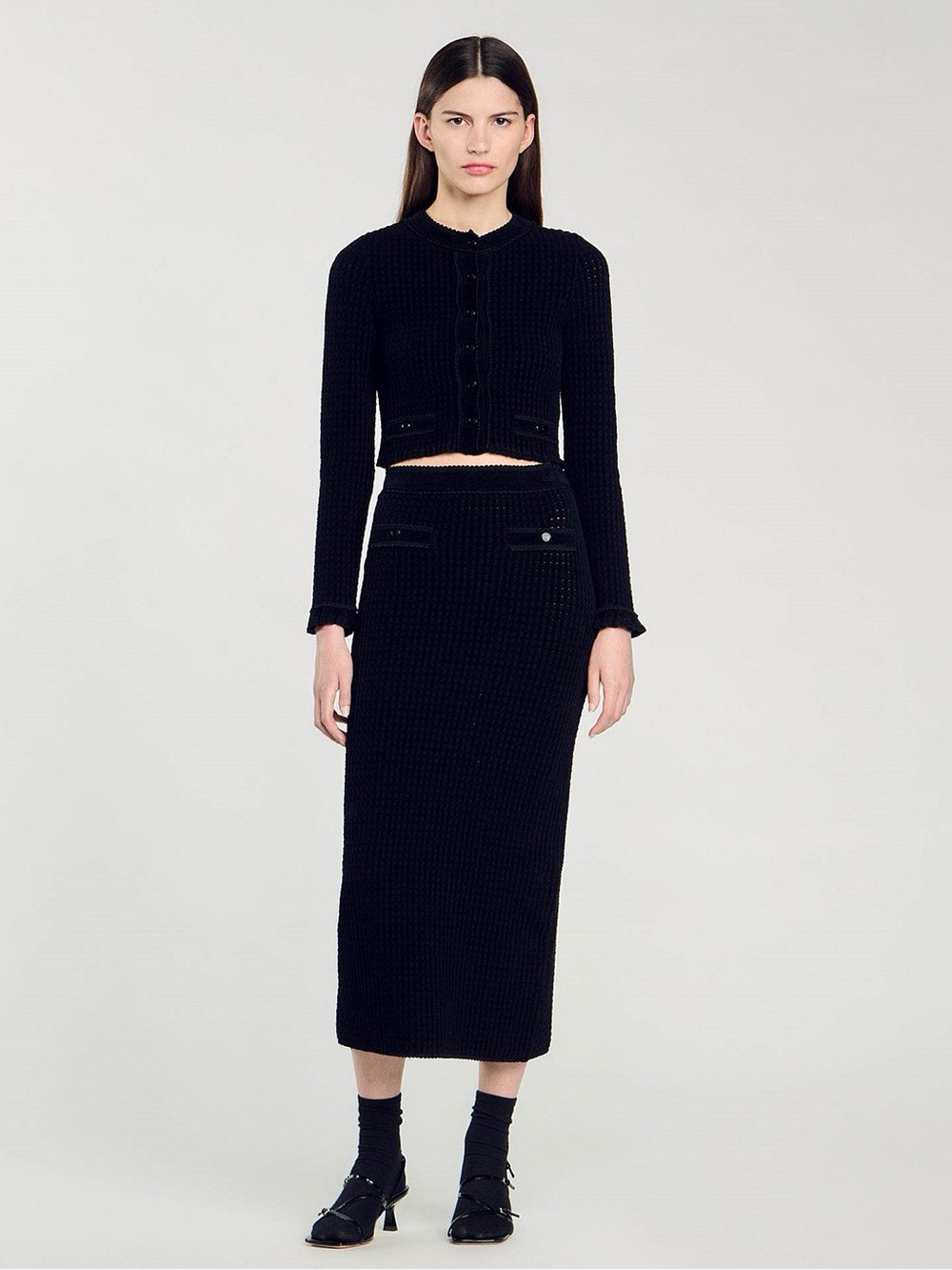 SANDRO **NWT** Leandra Black Velvet Pocket Knit Midi Skirt